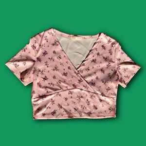 thrifted ROMWE pink floral wrap crop top